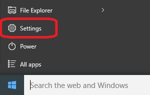 Windows Start and Settings menu